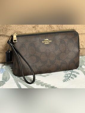 Coach Signature Canvas Double Zip Wallet Wristlet Brown Black